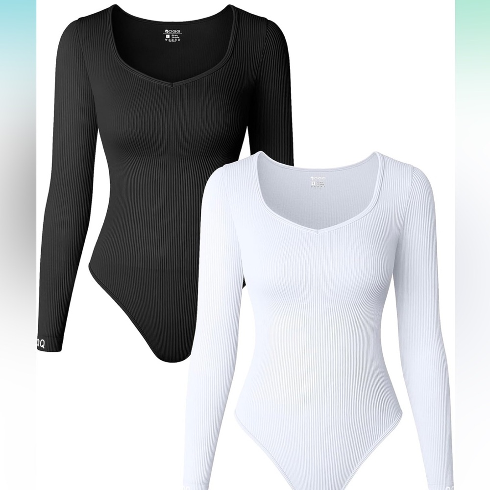 Women's Long Sleeve Ribbed Bodysuit - Black and White